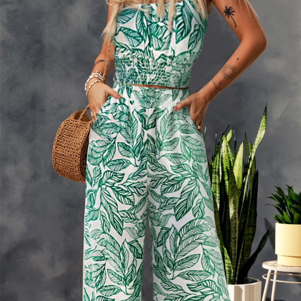 Green Tropical Print Spaghetti Strap Wide Leg Two Piece Pants Set - Picture 1 of 12
